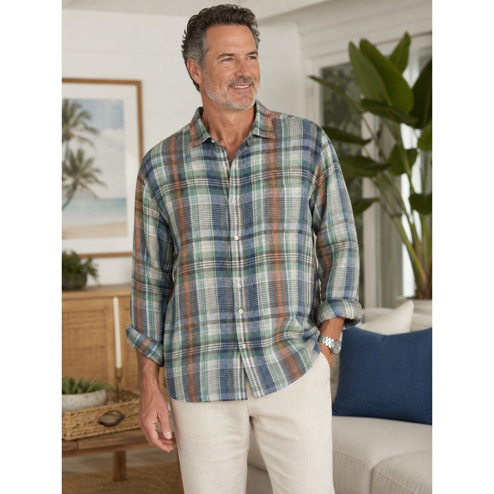 Tommy Bahama Mens XXL Plaid Linen Button Down Shirt Green Blue Long Sleeve